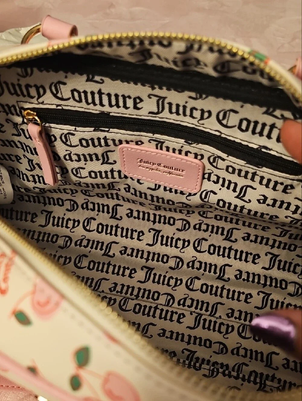 Juicy Couture Pink Cherry Print Purse with Pom-Pom Charm